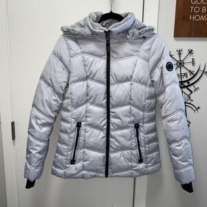 Women's Nautica Water Resistant Gray Puffer Jacket Winter Fur Hood‎ Small